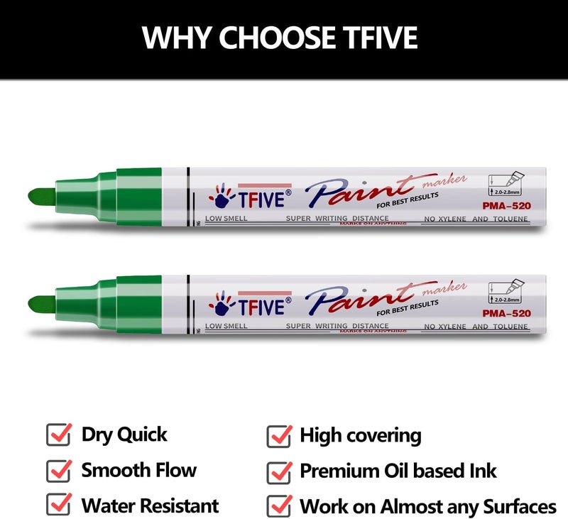 TFIVE Green Permanent Paint Marker Pens - 2 Count Oil Based Marker Pen, Medium Tip, Waterproof & Quick Dry, for Office, Art projects, Rock Painting, Ceramic, Glass, Wood, Plastic, Metal, Canvas - Image 2